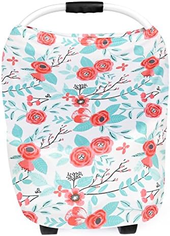 Baby Car Seat Canopy, Nursing Breastfeeding Cover Scarf, Baby Safety Baskets Sunshade Towel, Shopping Cart for Mother's Day Gift (White &amp; Cyan-Blue Flower pattern)