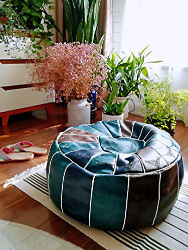 RISEON Boho Handmade Faux PU Leather Moroccan Pouf Footstool Ottoman Leather Poufs Unstuffed 23" x 11" -Round Floor Cushion Footstool for Living Room, Bedroom and Under Desk (Blue)