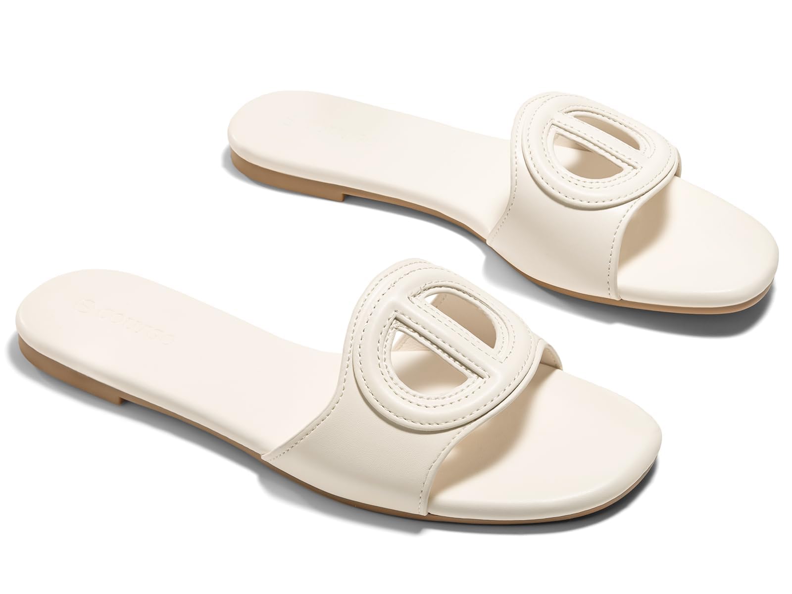 Photo 1 of Coutgo Womens Dressy Flat Sandals Open Toe Slip on Leather Summer Beach Slide Sandals, Beige, Size 8