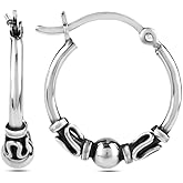 LeCalla 925 Sterling Silver Oxidized Balinese Hoops Earring Jewelry Small Antique Bali Beaded Hoop Earrings for Women