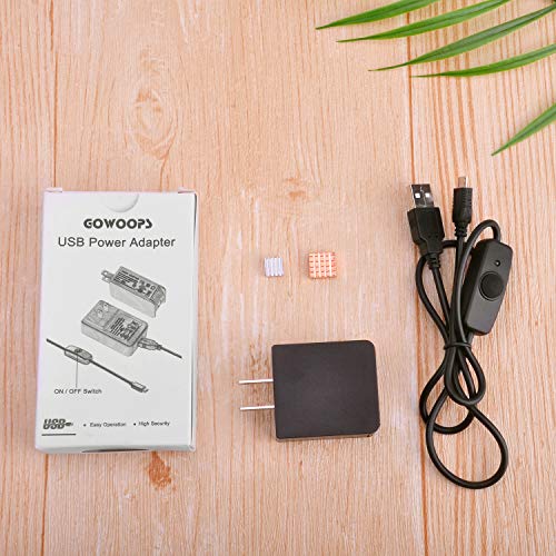 Gowoops 5V 2.5A Power Adapter (UL Listed) + Micro USB Cable with On Off Switch & LED + Heat Sinks for Raspberry Pi 3 Model B