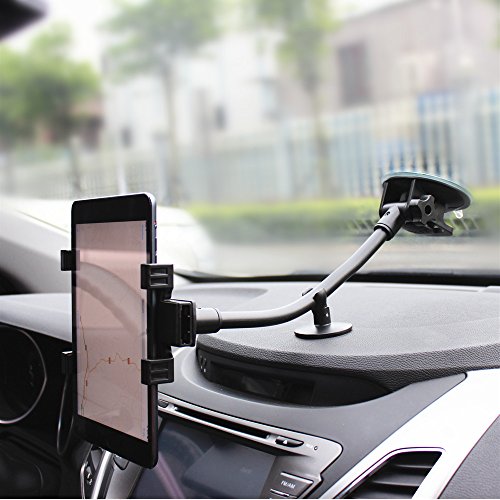 Brila Long Arm Smartphone and Tablet Universal Windshield Car Mount Holder with Dashboard Support Base, Long Arm Car Cradle for Ipad Mini Series, and Similar Small Size Tablets