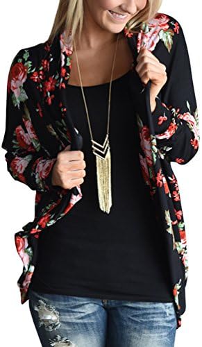 Women's Boho Casual Floral Kimono Boyfriend Cardigans Open Front Coat Tops Outwear Sweaters (XXL, black)