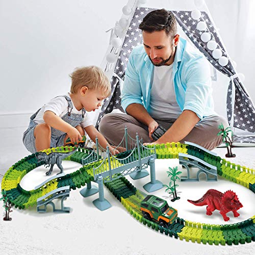 image for TAZHAI Dinosaur Toys 192Pcs Race Car Flexible Track, Create A Road Fle