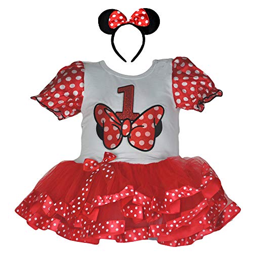 1st Birthday Red Bow Age Shirt with Polka Dot Tutu Outfit and Headband (Small Age 1)