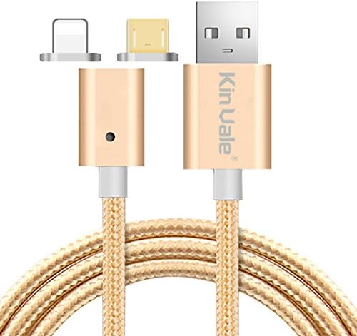 Magnatic USB Cable Kin Vale Lightning USB/Micro USB 2 in 1 Nylon Braided Charging and Data Transfer Sync Fast Charging 3.25ft Cable Support for ios and Android System (gold)