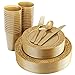 IOOOOO 150 Pieces Gold Plastic Plates, Silverware and Gold Disposable Cups, Lace Design Plates Includes 25 Dinner Plates 10.25
