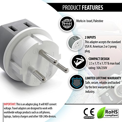 OREI Israel, Palestine Power Plug Adapter with 2 USA Inputs Travel 3