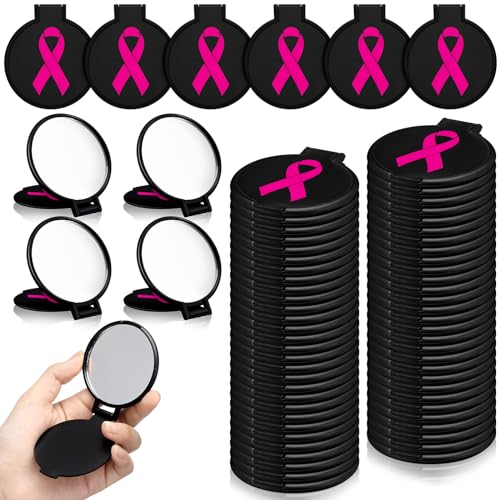 Huwena 100 Pcs Breast Cancer Gifts for Women, Breast Cancer Awareness Accessories Bulk, Small Pocket Compact Mirrors in Bulk, Pink Ribbon Gift Items for Survivor Chemo Patients(Pink Ribbon Style)
