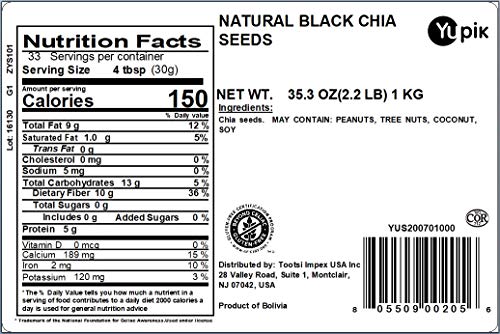 YUPIK RAW BLACK CHIA SEEDS, 2.2 LB (35.2 OZ), GLUTEN-FREE, KOSHER, VEGAN, NATURAL SEEDS, PLANT-BASED SUPERFOOD, RICH IN FIBER, SOURCE OF OMEGA-3, IDEAL FOR CHIA PUDDING & SMOOTHIES, GELS EASILY