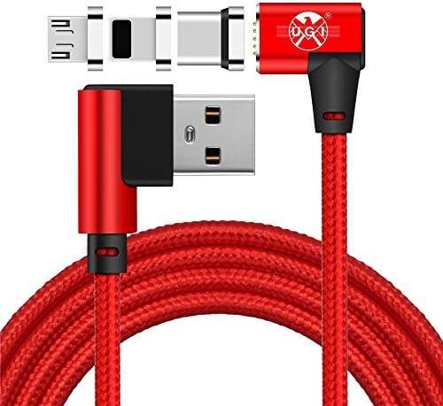 SKITCH 3 in 1 Nylon Braided Magnetic Cable 90 Degree Right Angle Magnet USB Charging Cord USB to Magnetic Lightning+USB C+Micro USB Charge Sync Data Cable 6.6FT