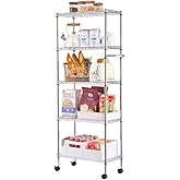 EcoSummer 5-Shelf Metal Wire Storage Shelves with Handrail,Heavy Duty Metal Shelving with 4 Wheel Casters Steel Organizer Wire Rack for Kitchen Bathroom Pantry Office 11.81 d*23.62 w*61.02 h