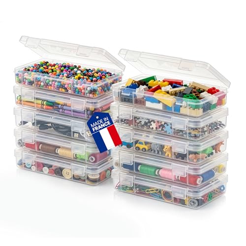 Iris Ohyama, Small Storage Box with Hinged Lid, 0.8L, Set of 10, Transparent, Stackable, Clip-Closure, for Puzzles, LEGO, Markers, Craft Material, Screws, BPA-Free, MCC-M