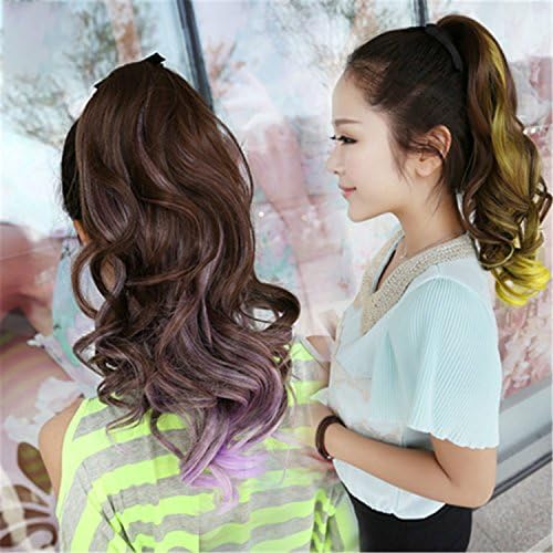 Suuny Queen 1PC Long Curly Claw Clip Ponytail Hair Extension Ombre Brwon T purple/ Yellow Long Pony Tail Synthetic Natural Ponytails Hairpieces