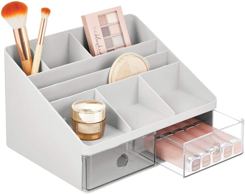 mDesign Plastic Tiered, Divided Makeup Organizer Storage Shelf and Display Box - 2 Drawers - for Bathroom Vanity Countertop - Holds Lip Gloss, Eye Shadow Palettes, Brushes, Blush, Mascara - Gray/Clear