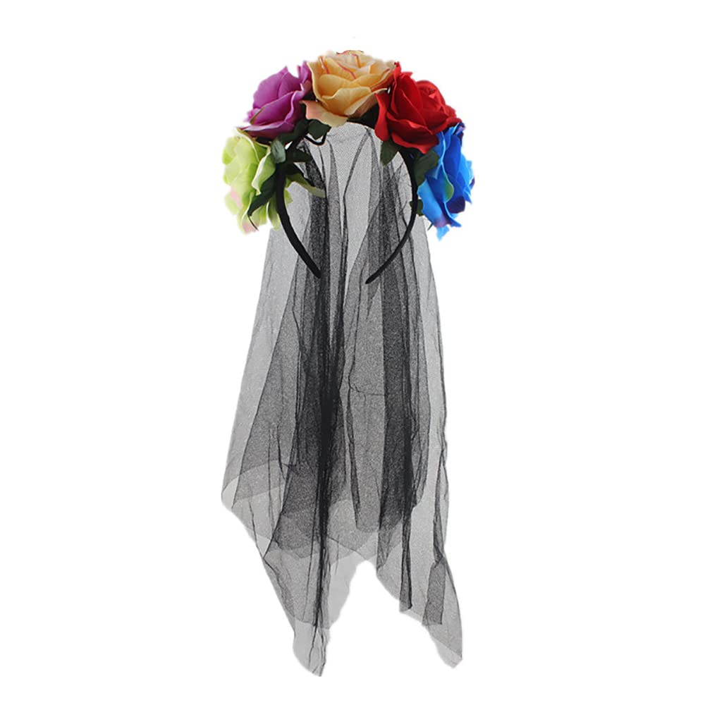 Day of the Dead Headband with Veil Rose Floral Crown Garland Mexican Headband Hair Band Halloween Costume Headpiece Halloween Ghost Bride Carnival Party Headdress for Ladies Women
