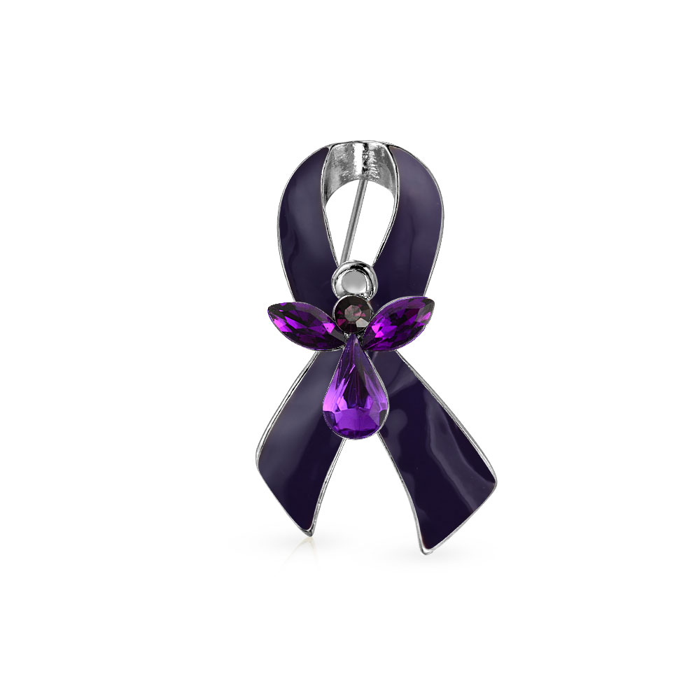 Purple Ribbon Alzheimer's Disease Epilepsy Pancreatic Cancer Domestic Violence Awareness Survivor Guardian Angel Crystal Brooch Pin For Women Enamel Silver Plated