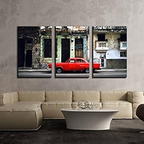 3 Piece Canvas Wall Art - Vintage Red Car Parked in Front of Old Building - Modern Home Art Stretched and Framed Ready to Hang - 16"x24"x3 Panels