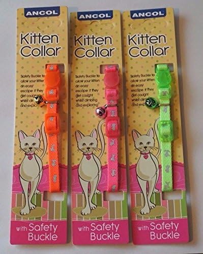 BULK DEAL ANCOL BRIGHT REFLECTIVE KITTEN COLLARS X 3 ORANGE, GREEN & PINK WITH BELL AND SAFETY RELEASE BUCKLE