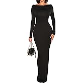 SHESEEWORLD Women Long Sleeve Boat Neckline Bodycon Maxi Dress Ruched at Bust Party Wedding Guest Evening Formal Fall Dresses