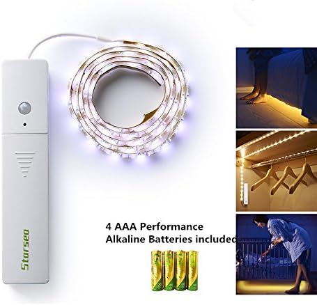Starsea Led Strip Rope Lights Kit, Motion Sensor Tape Light Stair Night Step Lighting, Motion Sensor Closet Light for Cabinet Cupord Stairs Bed, Daylight (4 AAA Alkaline Batteries Included)