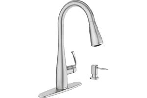 Moen Essie Spot Resist Stainless Pulldown Sprayer Kitchen Sink Faucet Set with Modern Pump Soap Dispenser, 87014SRS