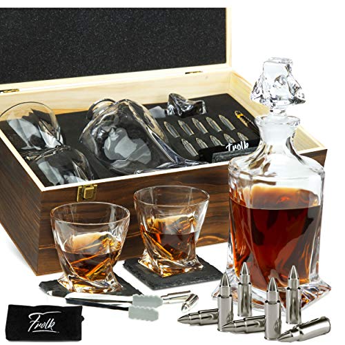 Whiskey Decanter and Stones Gift Set for Men - Whiskey Decanter, 2 Twisted Whiskey Glasses, 10 Stainless Steel Bullet Shaped Stones, 2 Slate Coasters, Tongs & Freezer Pouch in Wooden Gift Box