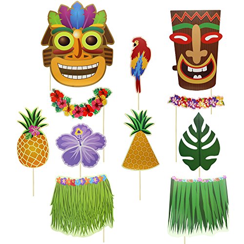 Meetory 36Pcs Hawaiian Photo Booth Props Kit, Colorful Photo Props Sticks, Selfie Props Celebration for Hawaii Seaside, Summer Pool Party, Luau Beach Vacation Dress-up Costume Accessories Decoration - Thumbnail 2