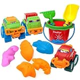 Loxfir 11pcs Beach Toys, Sand Toy Set with Bucket, Shovel, Rake, Cars and Sand Molds for Kids