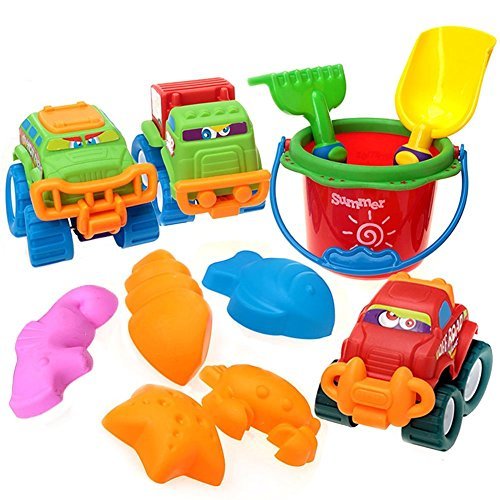 Loxfir 11pcs Beach Toys, Sand Toy Set with Bucket, Shovel, Rake, Cars and Sand Molds for Kids