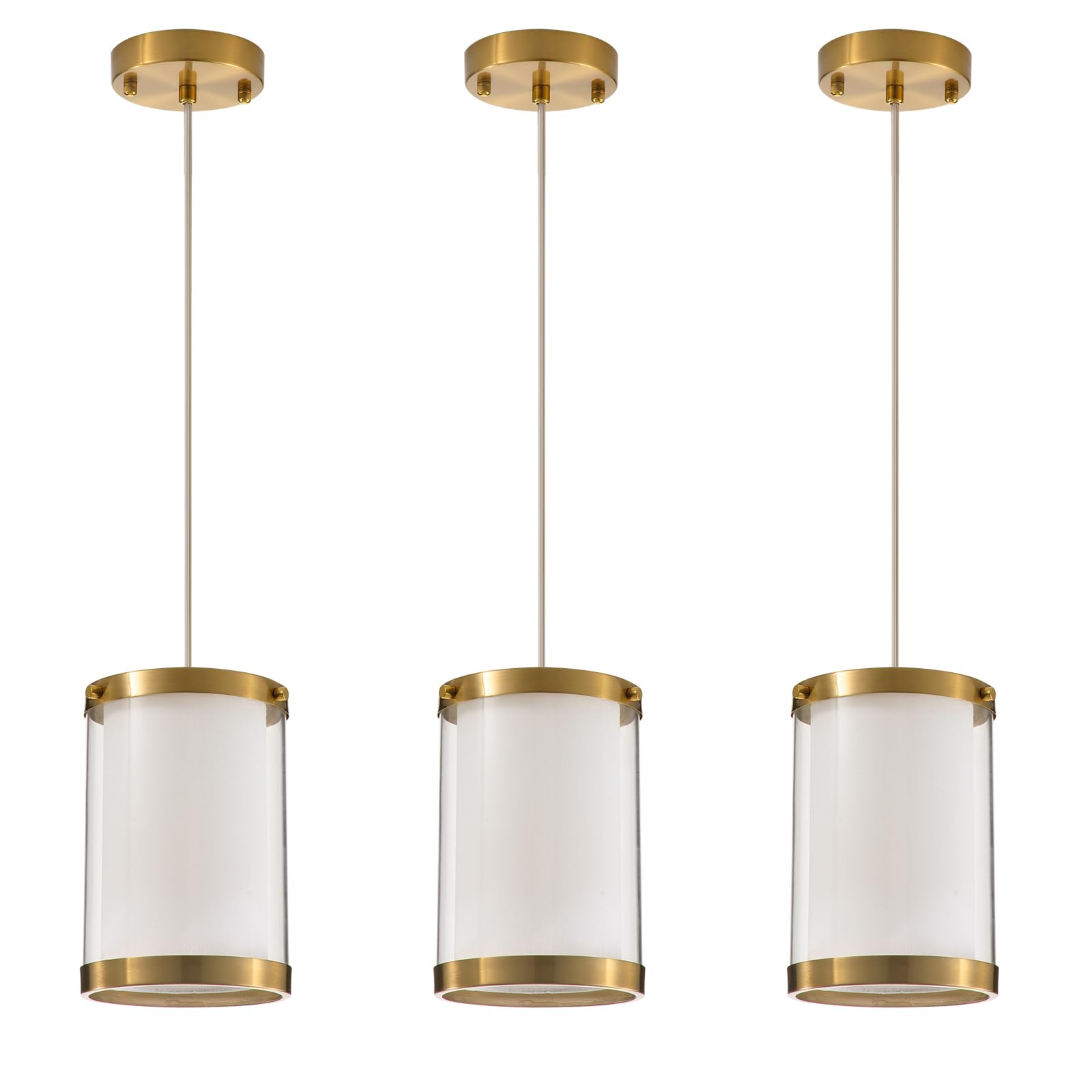 Photo 1 of Dijiahua Gold Pendant Lights Kitchen Island Over Table 3 Pack,Modern Brass Mini Chandelier for Dining Room,Adjustable Cord Ceiling Hanging Light Fixtures with White Fabric and Clear Acrylic Shade