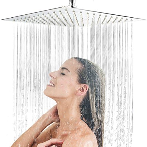 Shower Head,12 Inch Large Square Rainfall Showerhead Stainless Steel High Pressure With Polish Chrome Finish, Ultra Thin Waterfall Full Body Coverage with Silicone Nozzle