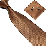 Stylefad Men's Solid Plaid Wide Neck Tie Set Hanky Cufflink Brown