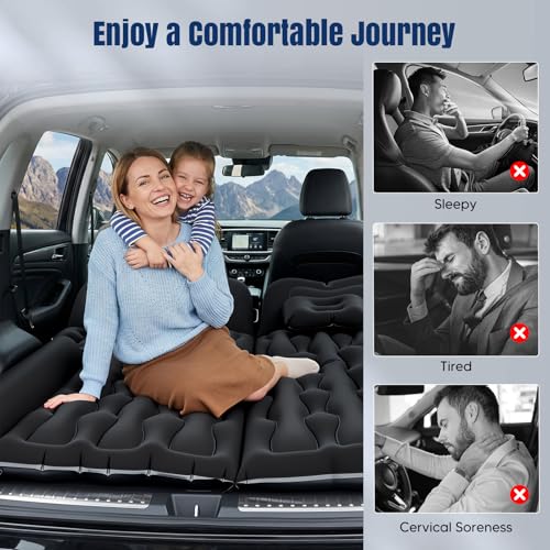 Inflatable Car Mattress, Camping SUV Mattress for Boot and Rear Bench, 12V Pump Included + 2 Pillows, 2 Fillers, Soft Waterproof Flocked Surface, Suitable for Car RV MPV Van