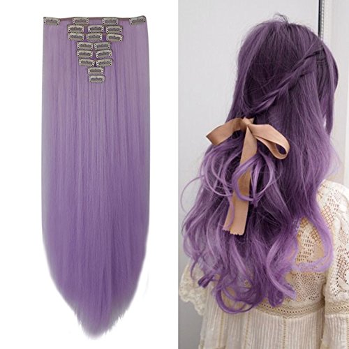 Synthetic Hair Extensions Clip on Japanese Kanekalon Fiber Hairpieces Full Head Thick Long Straight Soft Silky 8pcs 18clips for Women Girls Lady Fashion and Beauty 26   / 26 inch (Light Purple)
