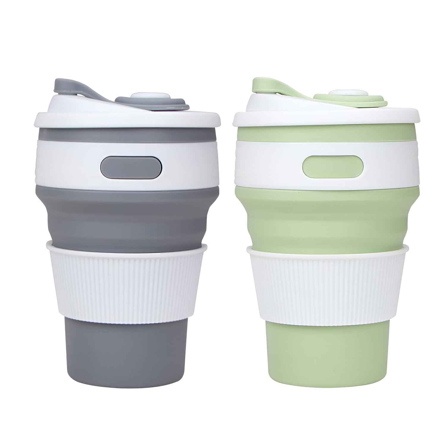 Accmuzzy 2 Pack Collapsible Cup with Lid, Foldable Travel Mug for Hot Drinks, Coffee Cup, Personalised Mug for Picnic, Camping, Hiking, Office (1 Grey 1 Green)