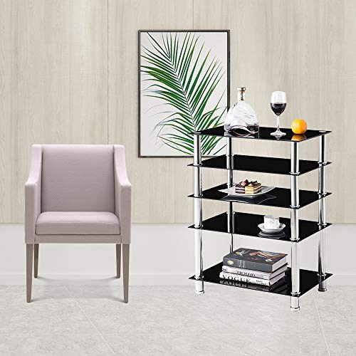 Media Stand,Audio/Video/AV Component Rack Tower Cabinet,Game Console Shelving Record Player Shelves Table with Glass Storage Shelf for Entertainment Center TV/XBOX/PS4/Stereo Home Theater (5 Tier)