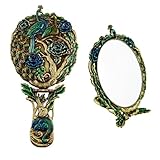 Ivenf Large Size Vintage Foldable Metal Handheld Oval Make-Up Mirror, Peacock Couple In Woods, Bronze