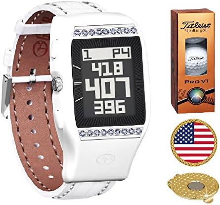 GolfBuddy LD2 Golf GPS/Rangefinder Watch with Swarovski Crystal (40k+ Preloaded Worldwide Courses) Bundle with 1 Sleeve (3 Balls) Titleist Pro V1 and Magnetic Hat Clip Ball Marker (USA Flag)