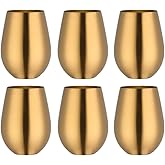 BISDARUN 17 oz Stainless Steel Stemless Wine Glass, Unbreakable Outdoor Portable Wine Tumbler for the Pool, Camping, Cookouts, Travel Set of 6 Metal Drinking Cups Father's Day Oktoberfest (Gold)