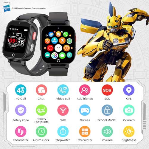 Transformers Montre GPS Enfant avec 4G Appel Vidéo, GPS, SOS, Chat Vocal, IP68 Étanche, Mode École, Podomètre, Réveil, Chronomètre, Montre Telephone pour Garçons et Filles de 4 à 12 Ans Cadeau, Noir