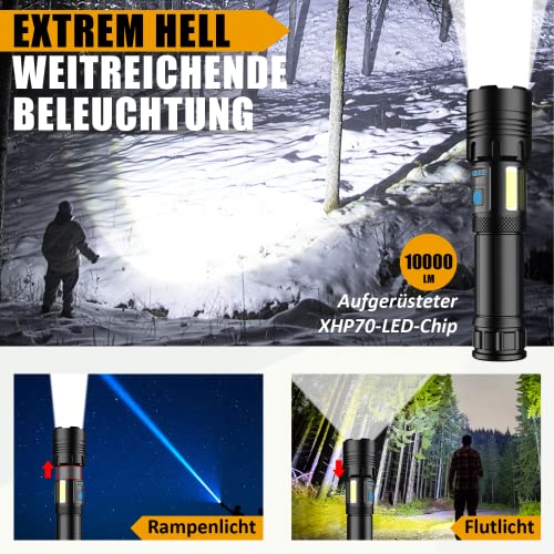 HANHUI Taschenlampe LED 10000 Lumen Extrem Hell Taschenlampen USB Aufladbar Taktische Taschenlampe mit COB Arbeitsleuchte 7 Lichtmodi IPX67 Wasserdicht Flashlight Zoombar für Camping Wandern Notfälle