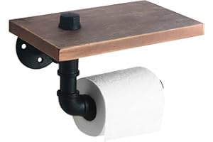 HouseAid Industrial Pipe Toilet Paper Holder with Shelf, Rustic Farmhouse Toilet Roll Holder, Vintage Style Iron TP Holder for Bathroom, Wall Mounted, Matte Black