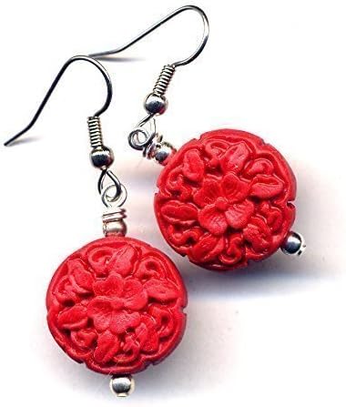 Red Earrings, Cinnabar Earrings, Surgical Steel Earrings, Stainless Steel Red Earrings, Floral Red Earrings by AnnaArt72