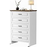Marsail Farmhouse 5 Drawer Dresser, Wood Chest of Drawers with Natural Texture, Smooth Gliding Drawers, Versatile Storage Organizer Cabinet for Bedroom & Living Room, White and Brown