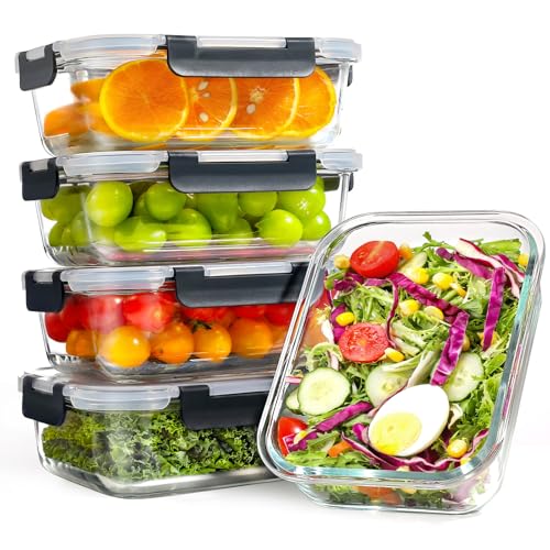 Lot de 5 récipients en verre avec couvercles, 1040 ml, épais et durables, empilables, hermétiques, sans BPA, pour micro-ondes, four, congélateur et lave-vaisselle, Noir