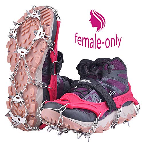 Uelfbaby Ice Snow Grips Traction Cleats Women's Crampons System Safe Protect for Walking, Jogging, or Hiking on Snow and Ice Rose red, Large