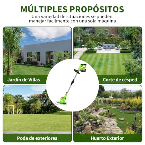 Podadora de Pasto, 4 en 1 Desbrozadora Eléctrica Inalámbrico, Cortacésped Eléctrico con Cabezal Ajustable 90°,4 Tipos de Herramientas de Corte, Portátil y Plegable–Césped, Maleza, Arbustos y Bordes