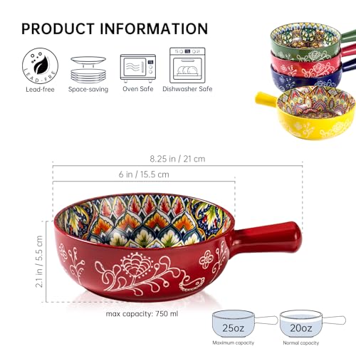 Henten Home Soup Bowl with Handle, Cereal Bowls, Ceramic Cereal/Soup Pot - 750ml, French Onion Soup Bowls, Microwave and Oven Bowl - Bohemian Style