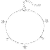 Orendaia S925 Sterling Silver Star Charm Bracelet for Women – Chic Beaded Bracelet Chain with Dainty CZ Stone,Star Pendant Bracelet
